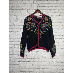 Gantos‎ Black Knit Sweater with Colorful Embroidery M